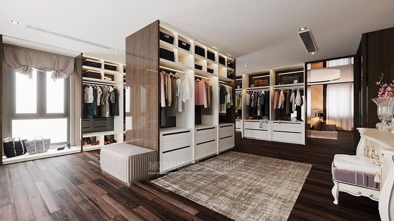 Mẫu thiết kế phòng thay đồ đẹp với hệ tủ quần áo gỗ công nghiệp với cách phối màu tinh tế nâu trắng cuốn hút mang đến sự đẳng cấp cuốn hút mọi ánh nhìn