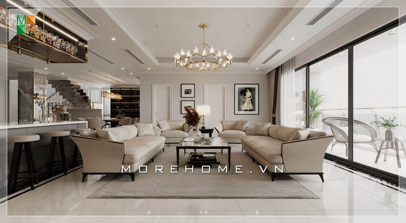 Mẫu sofa cao cấp đẹp, sang trọng, chất liệu chính của bộ bàn ghế sofa là bọc da chân gỗ đẹp màu trắng sữa phù hợp với tone màu chủ đạo của căn nhà.