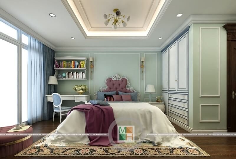 Mẫu tủ quần áo gỗ màu trắng với thiết kế âm tường giúp tạo nên sự sang trọng và tiết kiệm diện tích không gian trong phòng ngủ.